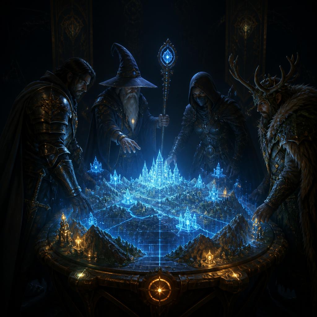 Aventureiros ao redor de uma mesa de batalha holográfica